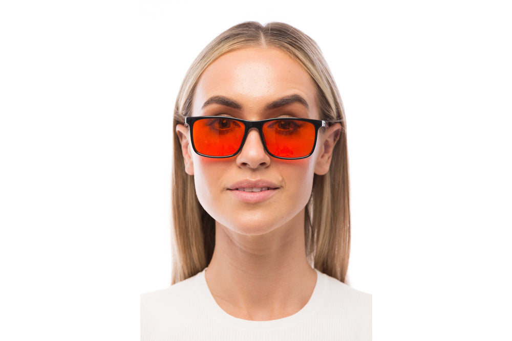 Woman Wearing Brooklyn Blue Light Blocking Glasses Readers