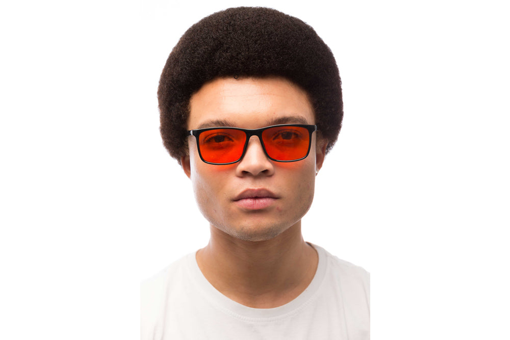 Man Wearing Brooklyn Blue Light Blocking Glasses Readers