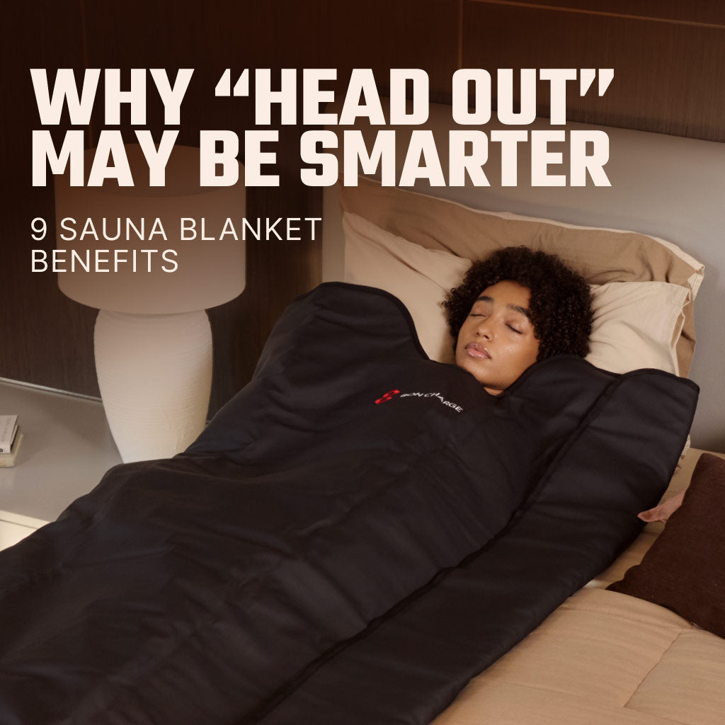 Person lying in bed with a sauna blanket, text about sauna blanket benefits.
